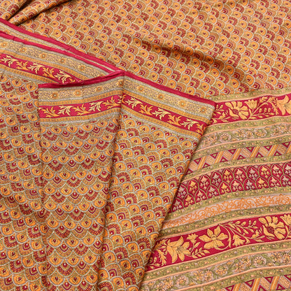 Indian Vintage Sari Red & Mustard Pure Silk Printed Saree Fabric 5yard Sewing Craft Fabric DressMaking Soft Wrap