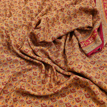 Indian Vintage Sari Red & Mustard Pure Silk Printed Saree Fabric 5yard Sewing Craft Fabric DressMaking Soft Wrap
