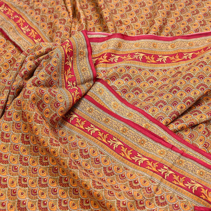 Indian Vintage Sari Red & Mustard Pure Silk Printed Saree Fabric 5yard Sewing Craft Fabric DressMaking Soft Wrap