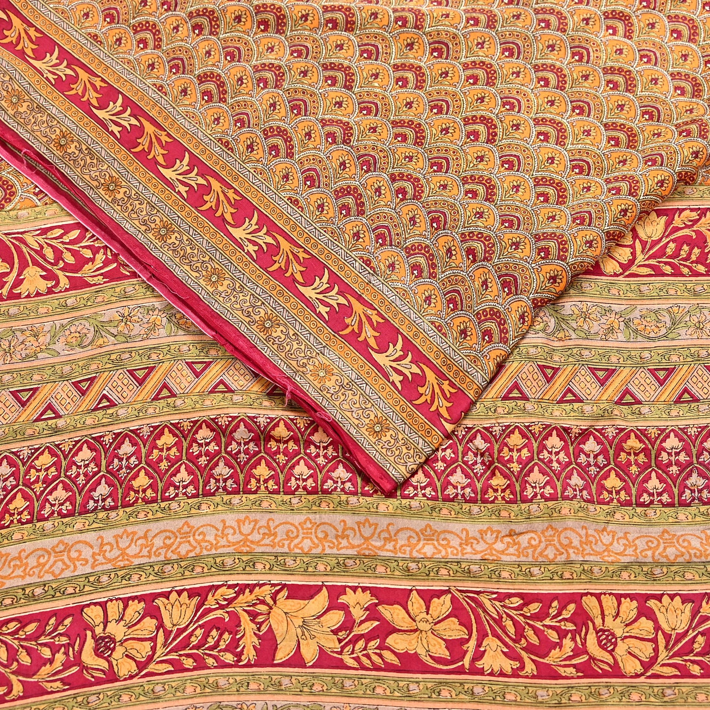 Indian Vintage Sari Red & Mustard Pure Silk Printed Saree Fabric 5yard Sewing Craft Fabric DressMaking Soft Wrap