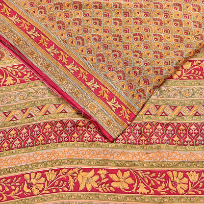 Indian Vintage Sari Red & Mustard Pure Silk Printed Saree Fabric 5yard Sewing Craft Fabric DressMaking Soft Wrap