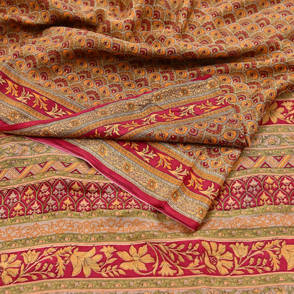 Indian Vintage Sari Red & Mustard Pure Silk Printed Saree Fabric 5yard Sewing Craft Fabric DressMaking Soft Wrap