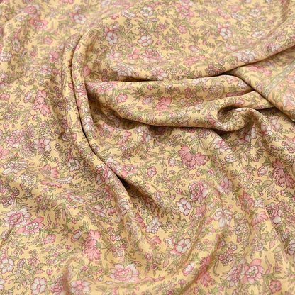 Indian Vintage Sari Yellow Pure Silk Printed Saree Fabric 5yard Sewing Craft Fabric DressMaking Wrap Floral