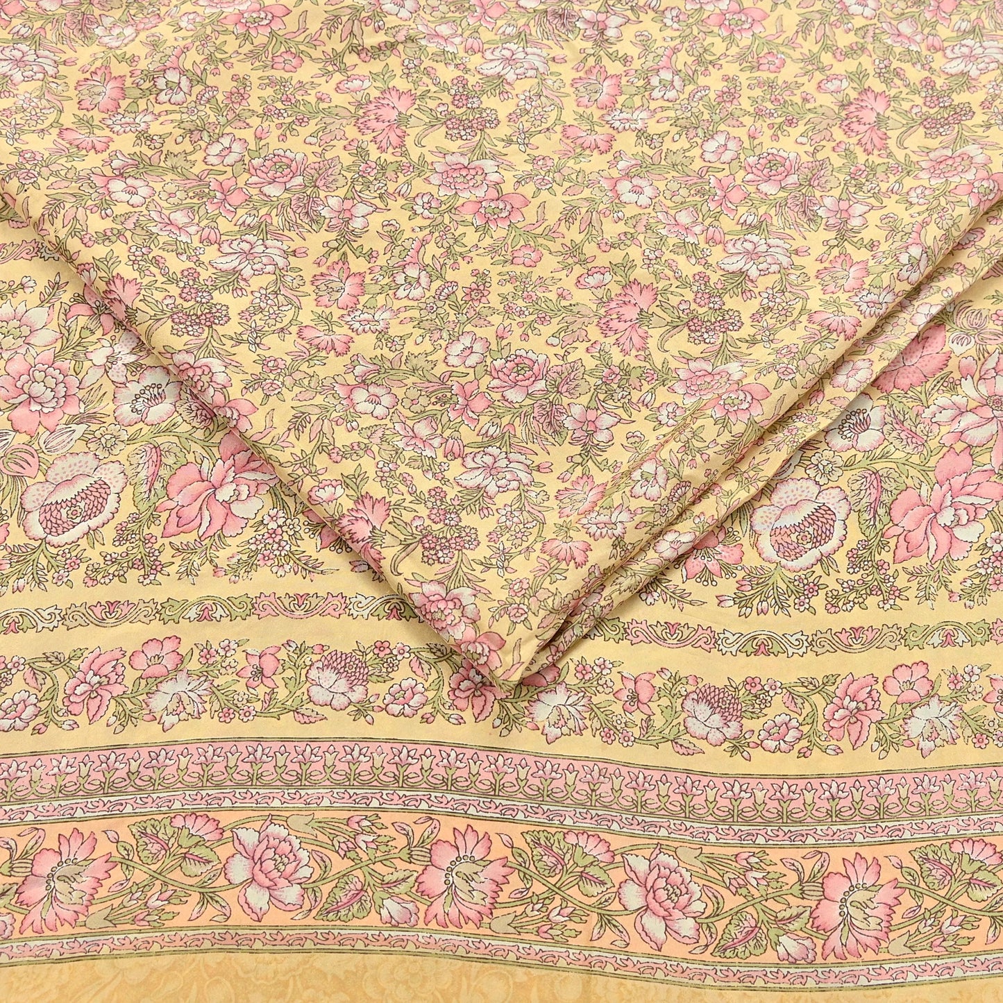 Indian Vintage Sari Yellow Pure Silk Printed Saree Fabric 5yard Sewing Craft Fabric DressMaking Wrap Floral