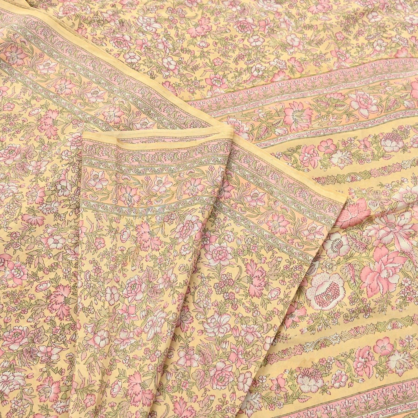 Indian Vintage Sari Yellow Pure Silk Printed Saree Fabric 5yard Sewing Craft Fabric DressMaking Wrap Floral