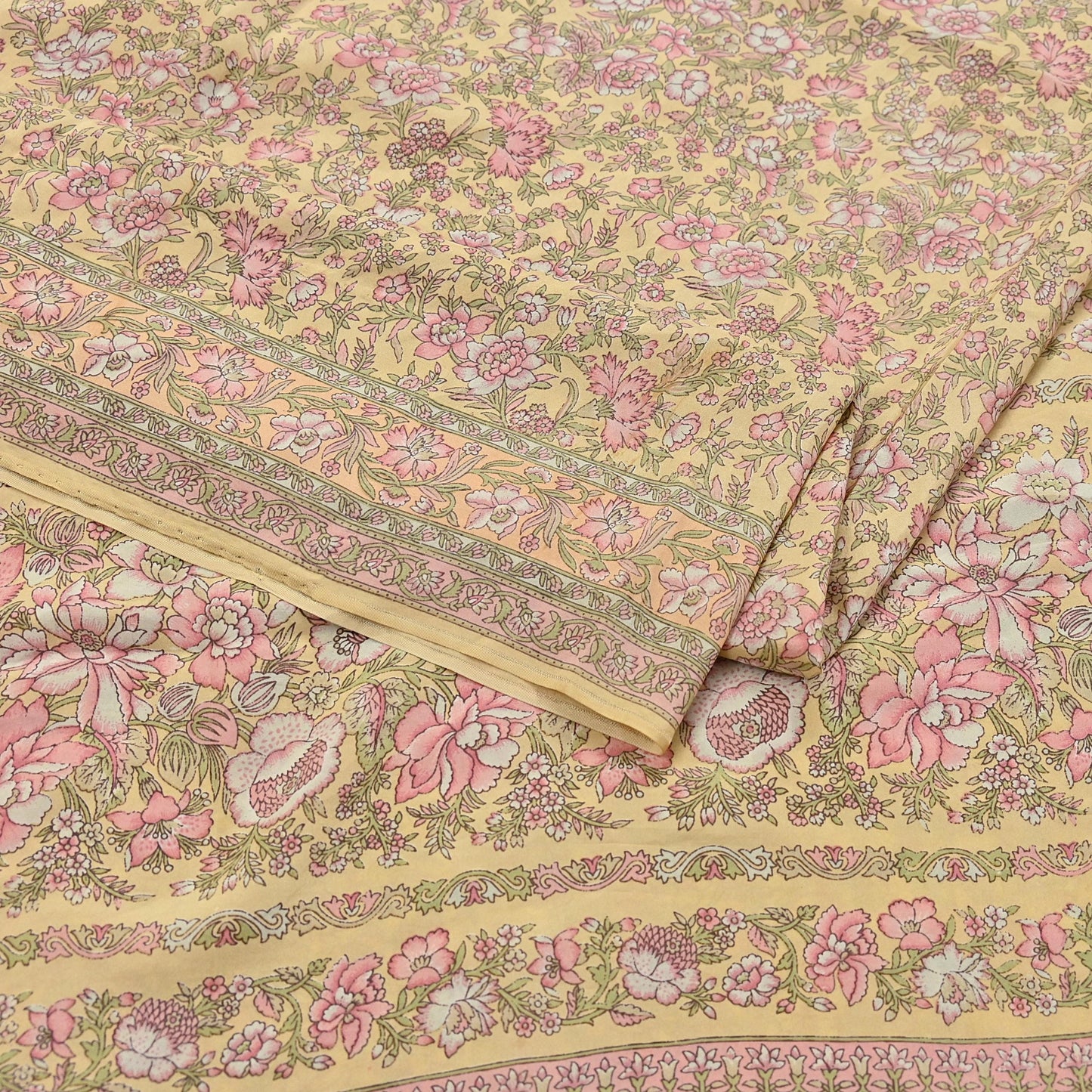 Indian Vintage Sari Yellow Pure Silk Printed Saree Fabric 5yard Sewing Craft Fabric DressMaking Wrap Floral