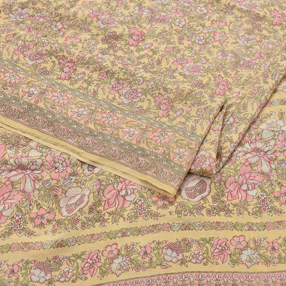 Indian Vintage Sari Yellow Pure Silk Printed Saree Fabric 5yard Sewing Craft Fabric DressMaking Wrap Floral