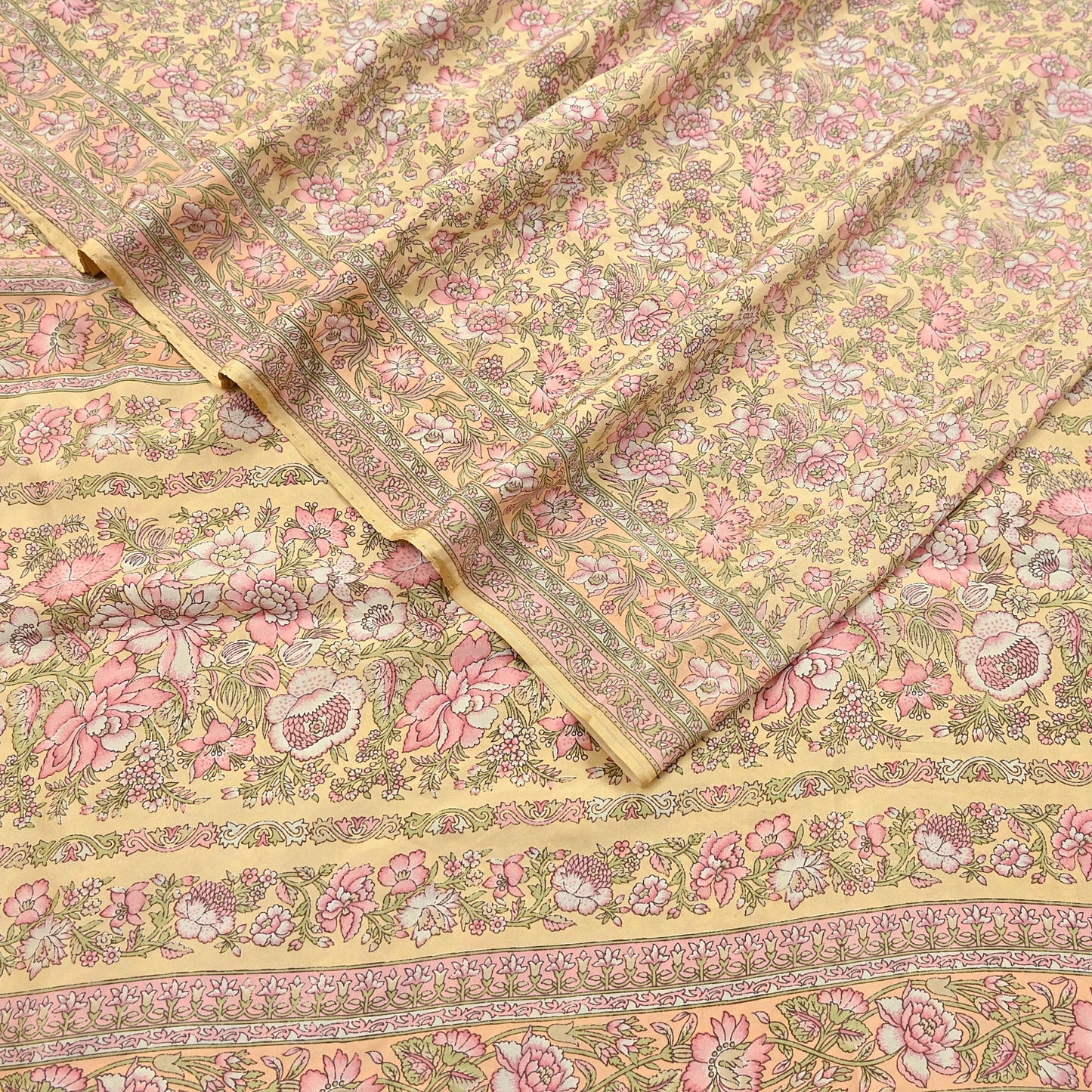 Indian Vintage Sari Yellow Pure Silk Printed Saree Fabric 5yard Sewing Craft Fabric DressMaking Wrap Floral