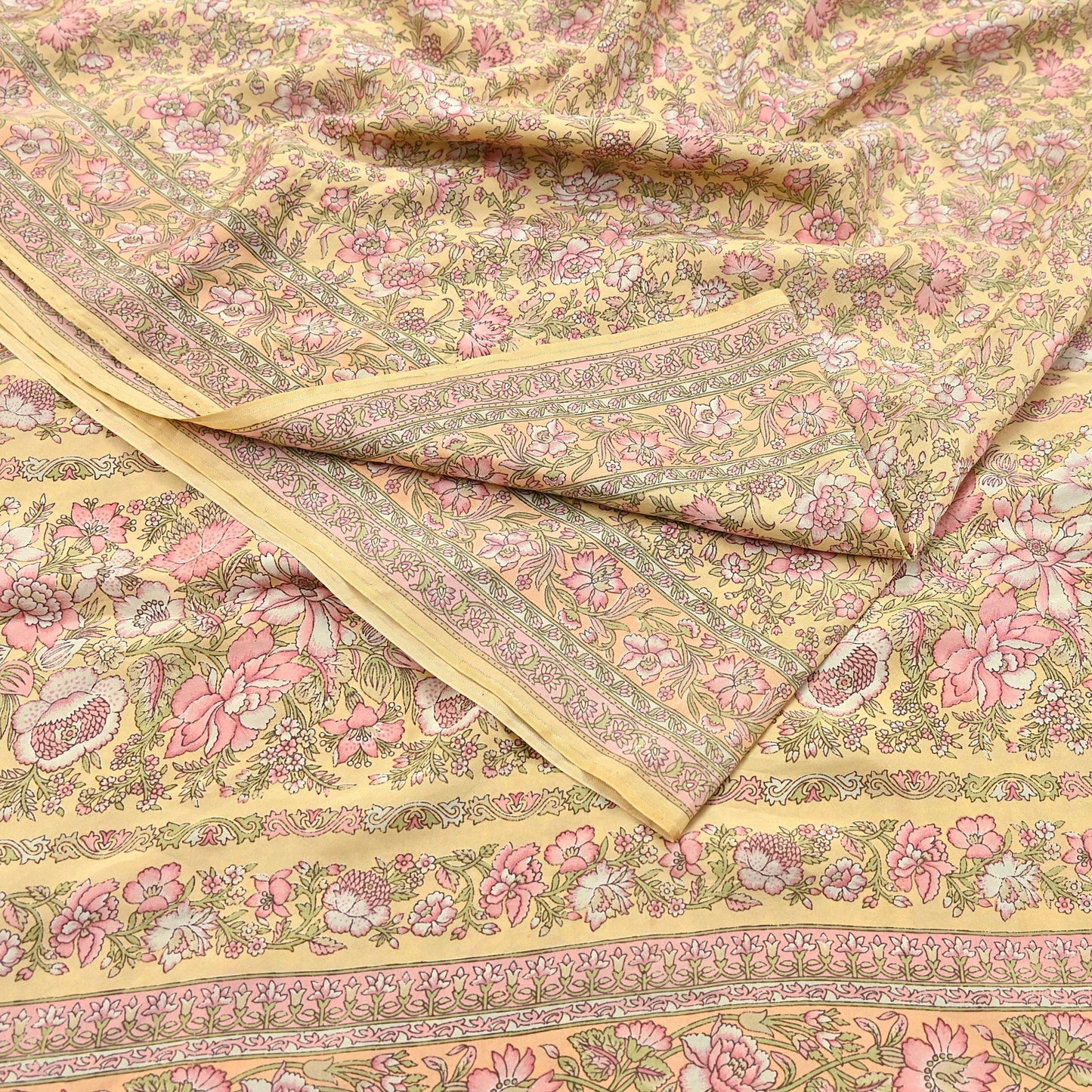 Indian Vintage Sari Yellow Pure Silk Printed Saree Fabric 5yard Sewing Craft Fabric DressMaking Wrap Floral