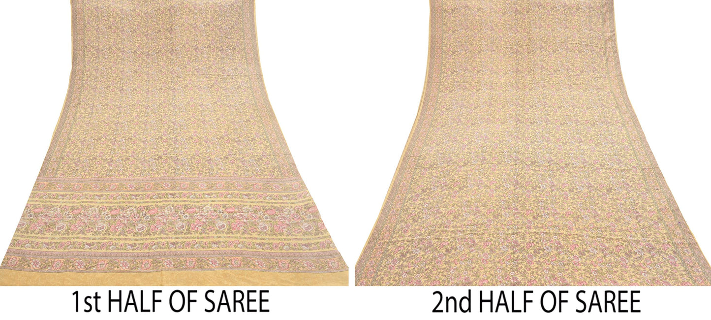 Indian Vintage Sari Yellow Pure Silk Printed Saree Fabric 5yard Sewing Craft Fabric DressMaking Wrap Floral