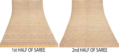 Indian Vintage Sari Yellow Pure Silk Printed Saree Fabric 5yard Sewing Craft Fabric DressMaking Wrap Floral