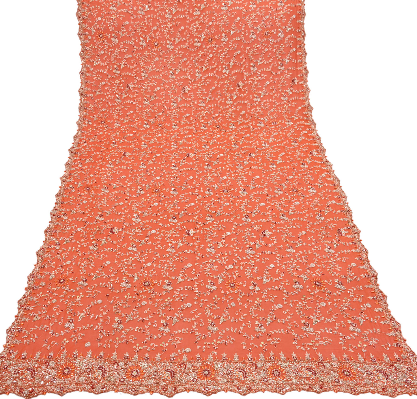 Indian Vintage Orange Pure Georgette Silk Hand Embroidered Lehenga 2pcs Set, Bollywood Wedding Wear