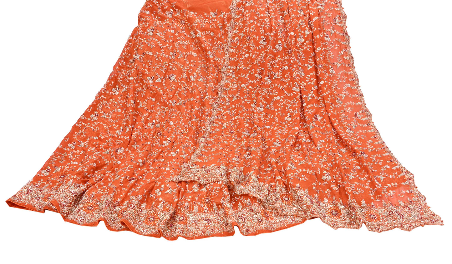 Indian Vintage Orange Pure Georgette Silk Hand Embroidered Lehenga 2pcs Set, Bollywood Wedding Wear