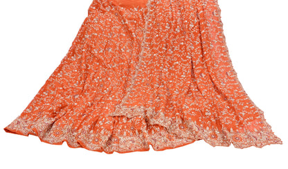 Indian Vintage Orange Pure Georgette Silk Hand Embroidered Lehenga 2pcs Set, Bollywood Wedding Wear