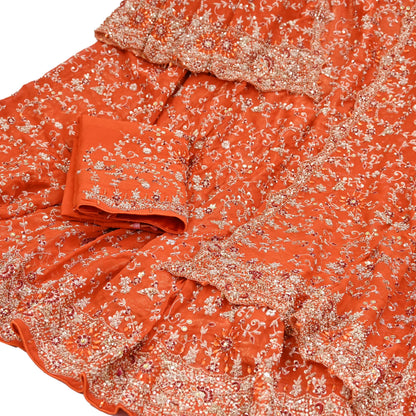 Indian Vintage Orange Pure Georgette Silk Hand Embroidered Lehenga 2pcs Set, Bollywood Wedding Wear
