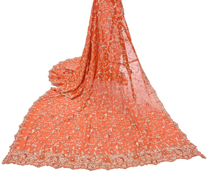 Indian Vintage Orange Pure Georgette Silk Hand Embroidered Lehenga 2pcs Set, Bollywood Wedding Wear