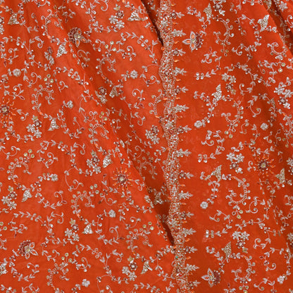 Indian Vintage Orange Pure Georgette Silk Hand Embroidered Lehenga 2pcs Set, Bollywood Wedding Wear