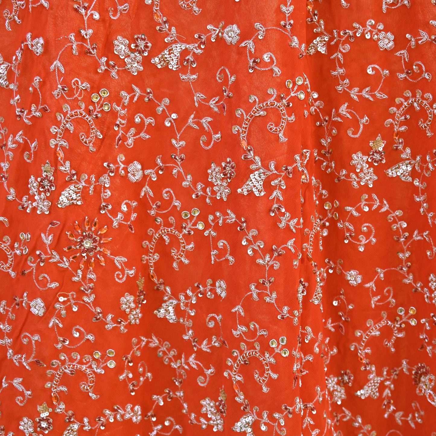 Indian Vintage Orange Pure Georgette Silk Hand Embroidered Lehenga 2pcs Set, Bollywood Wedding Wear