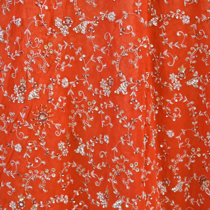Indian Vintage Orange Pure Georgette Silk Hand Embroidered Lehenga 2pcs Set, Bollywood Wedding Wear
