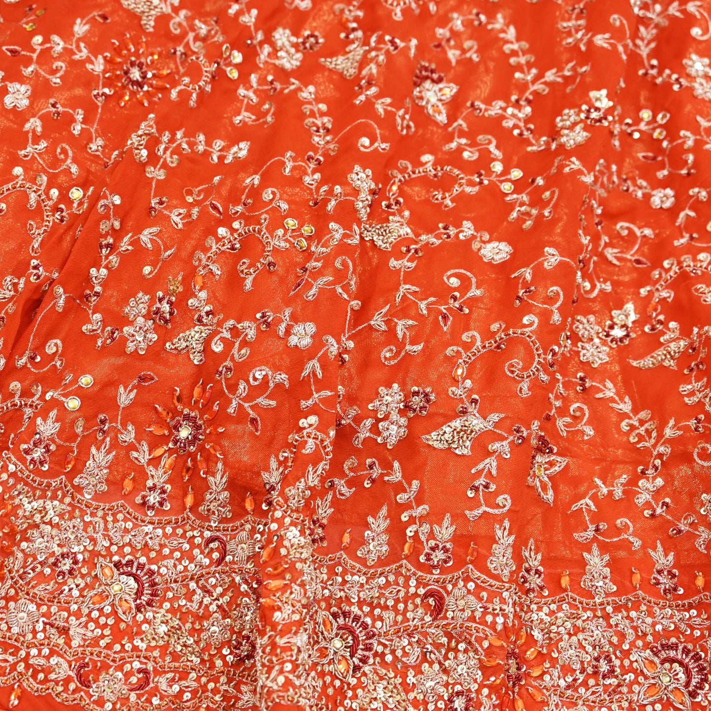 Indian Vintage Orange Pure Georgette Silk Hand Embroidered Lehenga 2pcs Set, Bollywood Wedding Wear