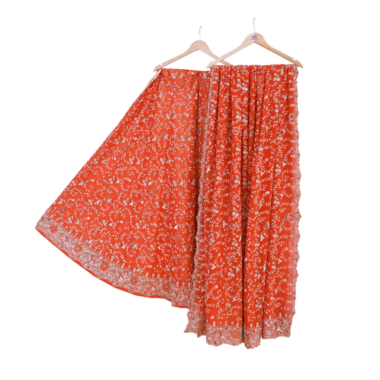 Indian Vintage Orange Pure Georgette Silk Hand Embroidered Lehenga 2pcs Set, Bollywood Wedding Wear