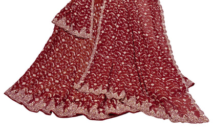Indian Vintage Maroon Pure Georgette Silk Hand Embroidered Lehenga 2pcs Set, Bollywood Wedding Wear