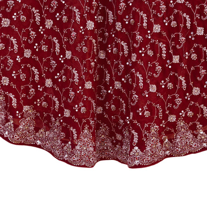 Indian Vintage Maroon Pure Georgette Silk Hand Embroidered Lehenga 2pcs Set, Bollywood Wedding Wear