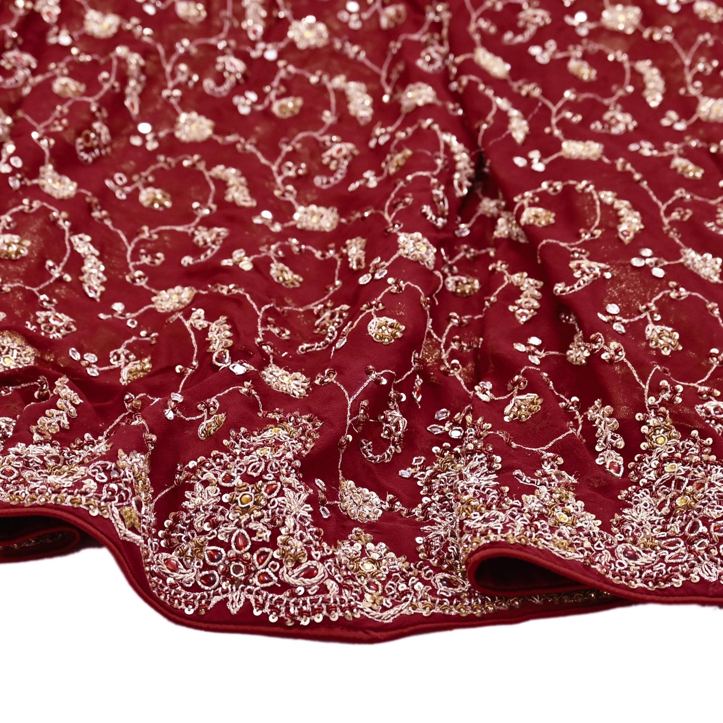 Indian Vintage Maroon Pure Georgette Silk Hand Embroidered Lehenga 2pcs Set, Bollywood Wedding Wear