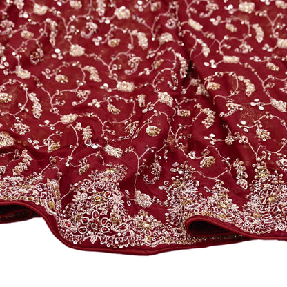 Indian Vintage Maroon Pure Georgette Silk Hand Embroidered Lehenga 2pcs Set, Bollywood Wedding Wear