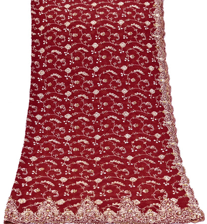 Indian Vintage Heavy Maroon Bridal Dupatta Pure Georgette Silk Hand Embroidered Zardozi, Dabka, Zari Work Party Wear Long Stole