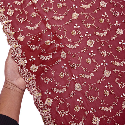 Indian Vintage Heavy Maroon Bridal Dupatta Pure Georgette Silk Hand Embroidered Zardozi, Dabka, Zari Work Party Wear Long Stole