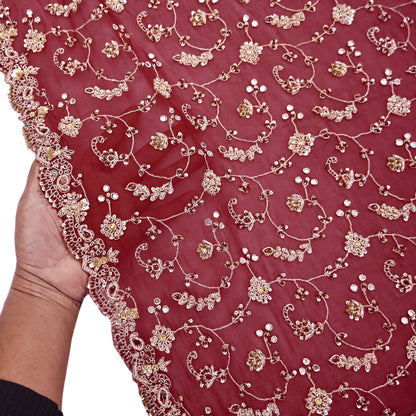 Indian Vintage Heavy Maroon Bridal Dupatta Pure Georgette Silk Hand Embroidered Zardozi, Dabka, Zari Work Party Wear Long Stole