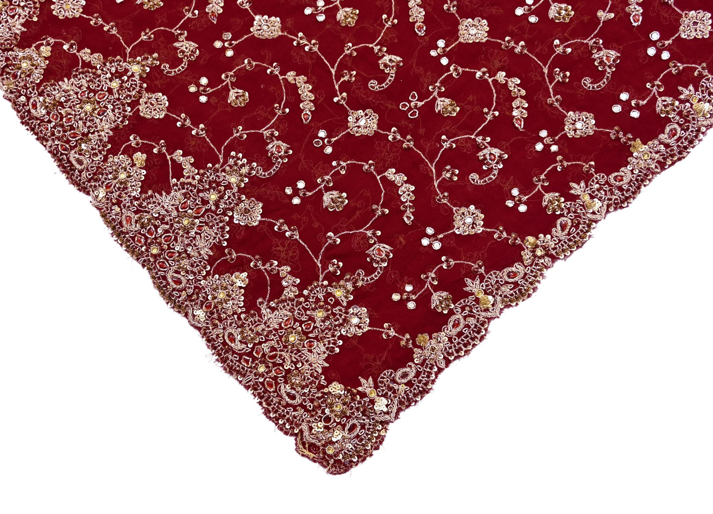 Indian Vintage Heavy Maroon Bridal Dupatta Pure Georgette Silk Hand Embroidered Zardozi, Dabka, Zari Work Party Wear Long Stole
