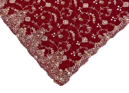 Indian Vintage Heavy Maroon Bridal Dupatta Pure Georgette Silk Hand Embroidered Zardozi, Dabka, Zari Work Party Wear Long Stole