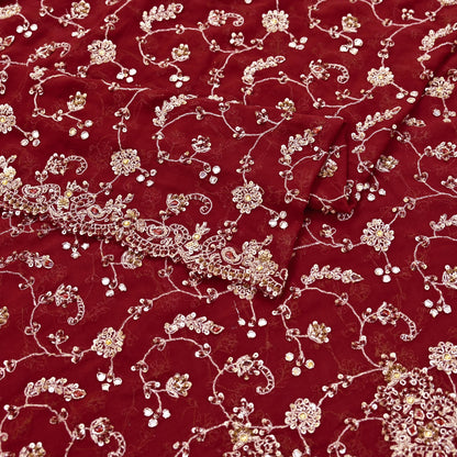 Indian Vintage Heavy Maroon Bridal Dupatta Pure Georgette Silk Hand Embroidered Zardozi, Dabka, Zari Work Party Wear Long Stole