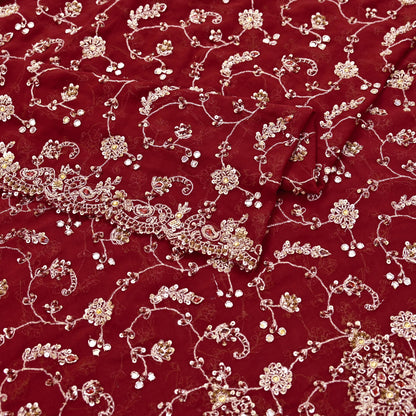 Indian Vintage Heavy Maroon Bridal Dupatta Pure Georgette Silk Hand Embroidered Zardozi, Dabka, Zari Work Party Wear Long Stole