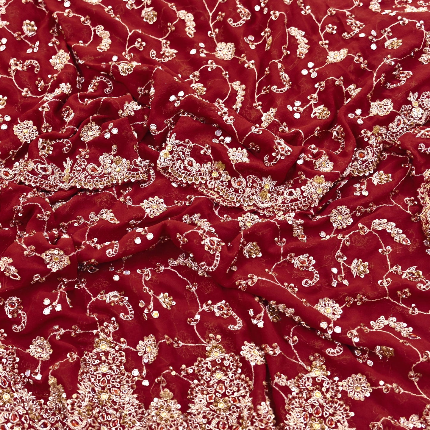 Indian Vintage Heavy Maroon Bridal Dupatta Pure Georgette Silk Hand Embroidered Zardozi, Dabka, Zari Work Party Wear Long Stole