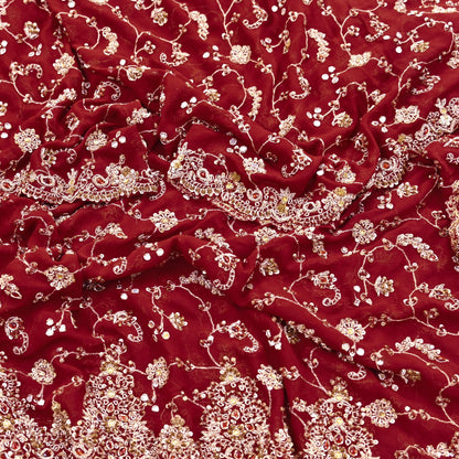 Indian Vintage Heavy Maroon Bridal Dupatta Pure Georgette Silk Hand Embroidered Zardozi, Dabka, Zari Work Party Wear Long Stole