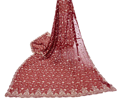 Indian Vintage Heavy Maroon Bridal Dupatta Pure Georgette Silk Hand Embroidered Zardozi, Dabka, Zari Work Party Wear Long Stole