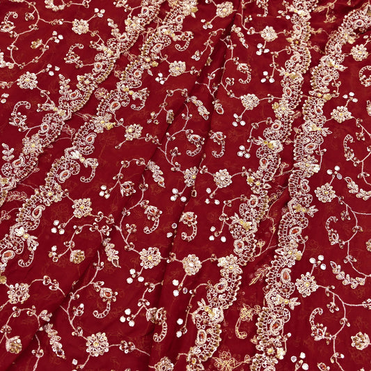 Indian Vintage Heavy Maroon Bridal Dupatta Pure Georgette Silk Hand Embroidered Zardozi, Dabka, Zari Work Party Wear Long Stole