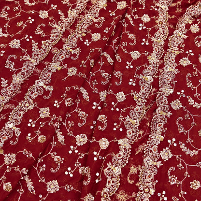 Indian Vintage Heavy Maroon Bridal Dupatta Pure Georgette Silk Hand Embroidered Zardozi, Dabka, Zari Work Party Wear Long Stole