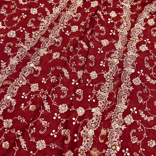 Indian Vintage Heavy Maroon Bridal Dupatta Pure Georgette Silk Hand Embroidered Zardozi, Dabka, Zari Work Party Wear Long Stole