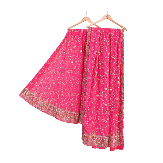 Indian Vintage Pink Pure Georgette Silk Hand Embroidered Lehenga 2pcs Set, Bollywood Wedding Wear