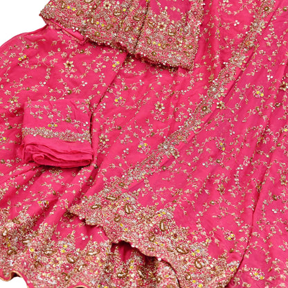 Indian Vintage Pink Pure Georgette Silk Hand Embroidered Lehenga 2pcs Set, Bollywood Wedding Wear