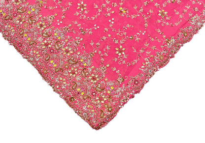 Indian Vintage Heavy Pink Bridal Dupatta Pure Georgette Silk Hand Embroidered Zardozi, Dabka, Zari Work Party Wear Long Stole