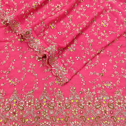 Indian Vintage Heavy Pink Bridal Dupatta Pure Georgette Silk Hand Embroidered Zardozi, Dabka, Zari Work Party Wear Long Stole