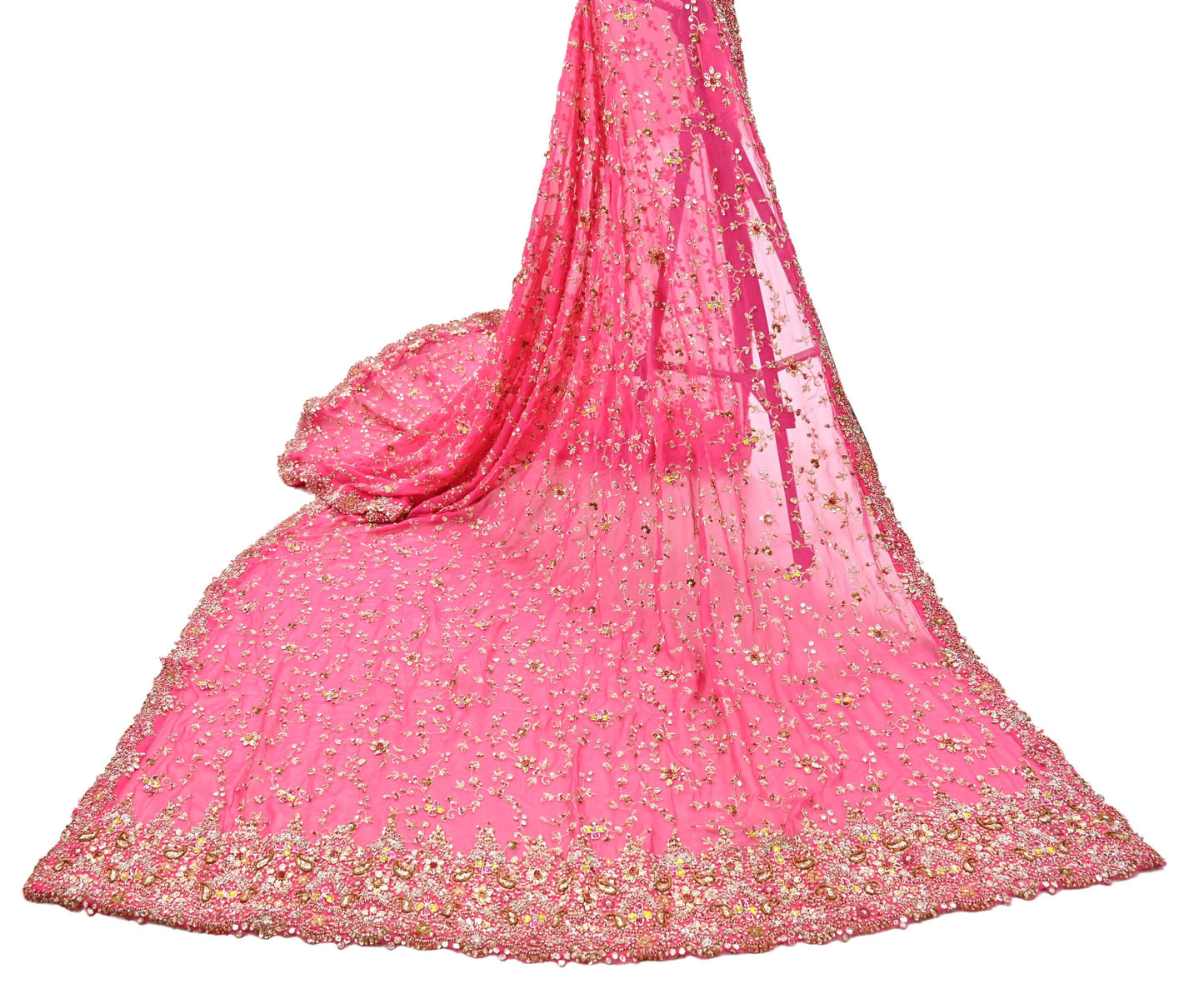Indian Vintage Heavy Pink Bridal Dupatta Pure Georgette Silk Hand Embroidered Zardozi, Dabka, Zari Work Party Wear Long Stole