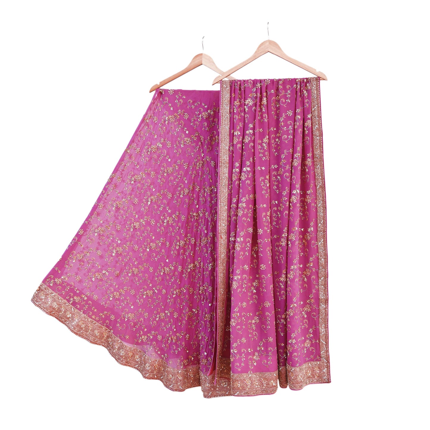 Indian Vintage Pink Pure Georgette Silk Hand Embroidered Lehenga 2pcs Set, Bollywood Wedding Wear