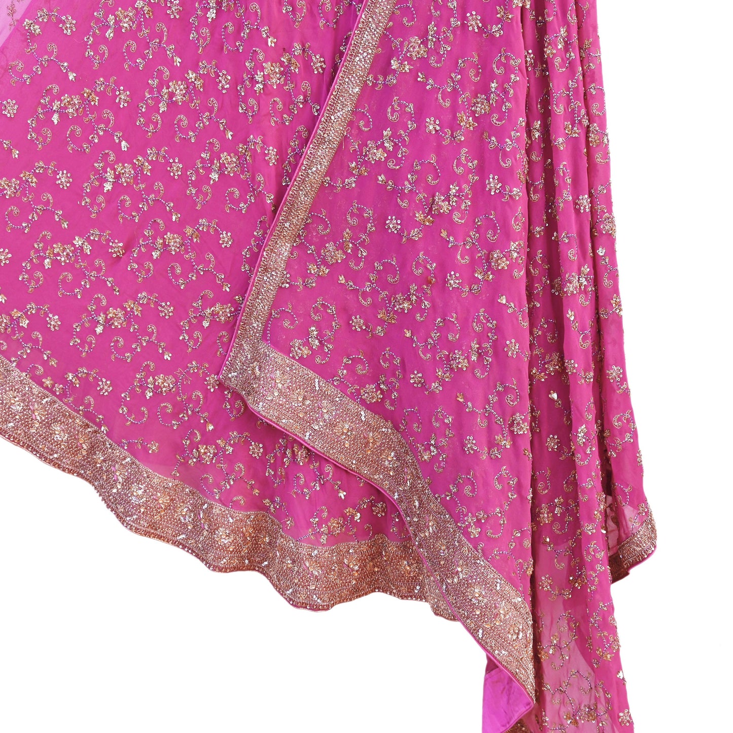 Indian Vintage Pink Pure Georgette Silk Hand Embroidered Lehenga 2pcs Set, Bollywood Wedding Wear