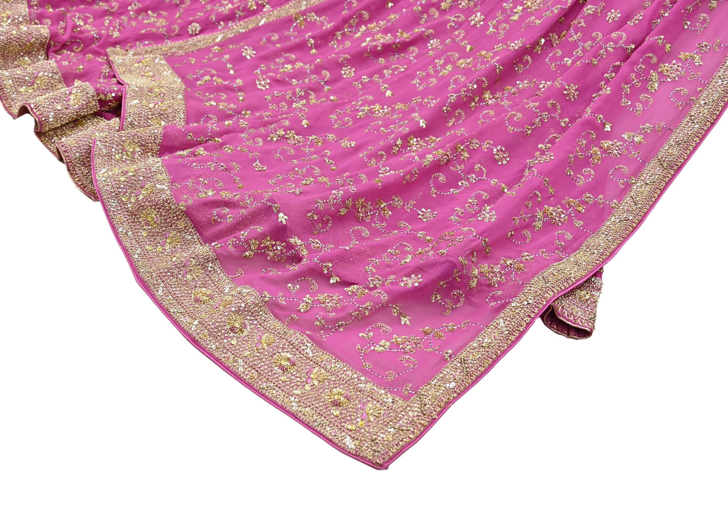 Indian Vintage Pink Pure Georgette Silk Hand Embroidered Lehenga 2pcs Set, Bollywood Wedding Wear